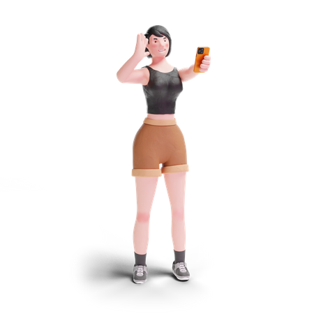 Short haired girl waving to smartphone  3D Illustration