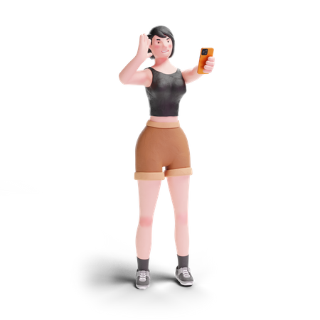 Short haired girl waving to smartphone 3D Illustration