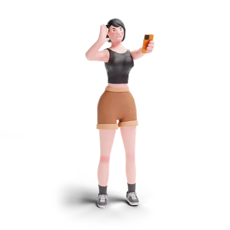 Short haired girl waving to smartphone  3D Illustration