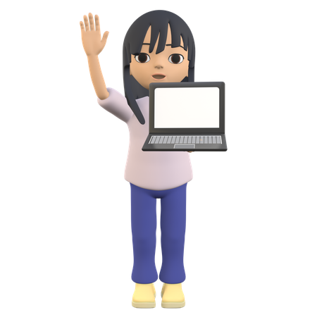 Showing A Laptop Screen While Waving Her Hand  3D Illustration
