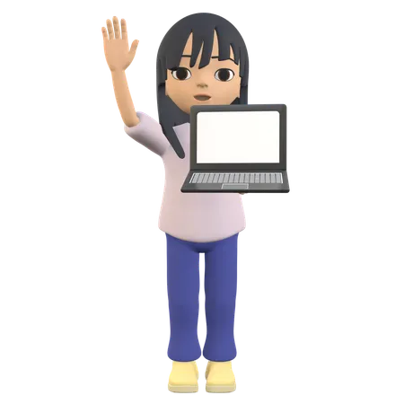 3 D Woman Character Posing Standing Showing A Laptop Screen While Waving Her Hand 3D Illustration