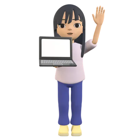 Showing A Laptop Screen While Waving Her Hand  3D Illustration