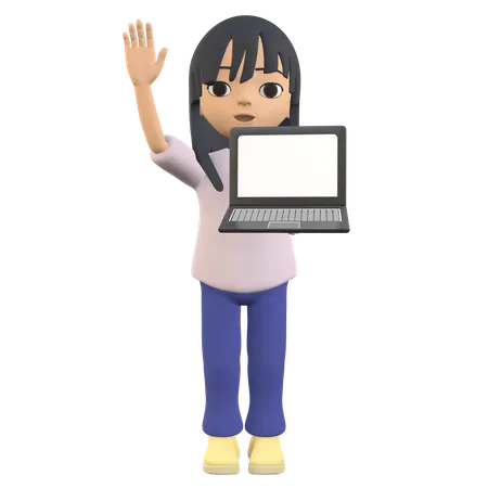 Showing A Laptop Screen While Waving Her Hand  3D Illustration