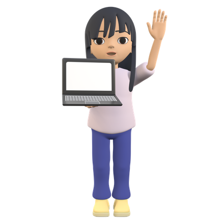 Showing A Laptop Screen While Waving Her Hand  3D Illustration