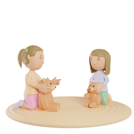 Sibling Playing With Teddy  3D Illustration