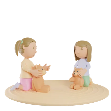 Sibling Playing With Teddy  3D Illustration