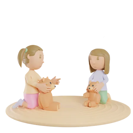 Sibling Playing With Teddy 3D Illustration