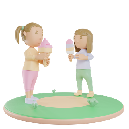 Siblings Girls Eating Icecream  3D Illustration