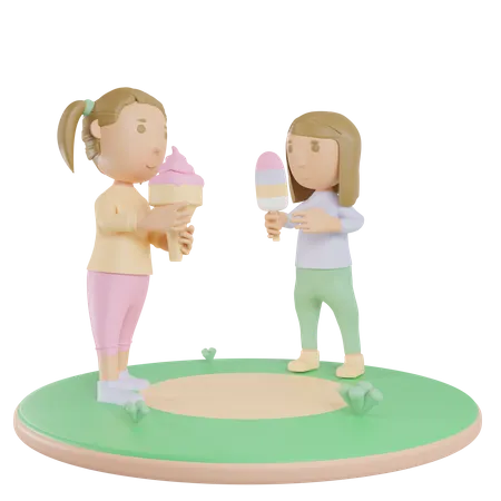 Siblings Girls Eating Icecream  3D Illustration