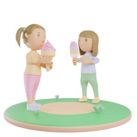 Siblings Girls Eating Icecream 3D Illustration