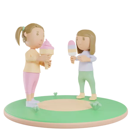 Siblings Girls Eating Icecream 3D Illustration