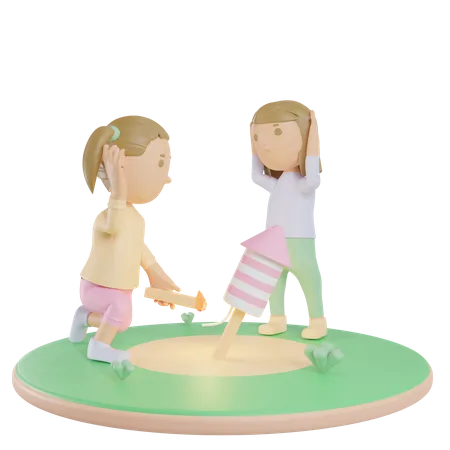 Siblings Playing Firework  3D Illustration