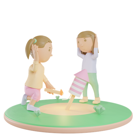 Siblings Playing Firework 3D Illustration