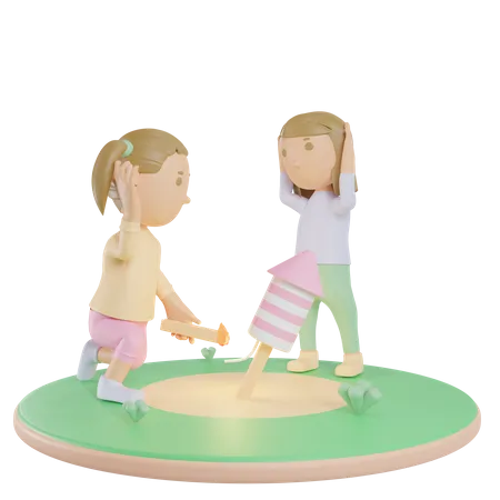 Siblings Playing Firework 3D Illustration