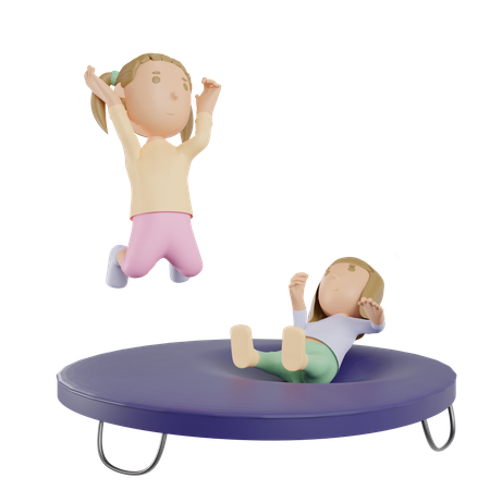 Siblings Playing On Trampoline  3D Illustration