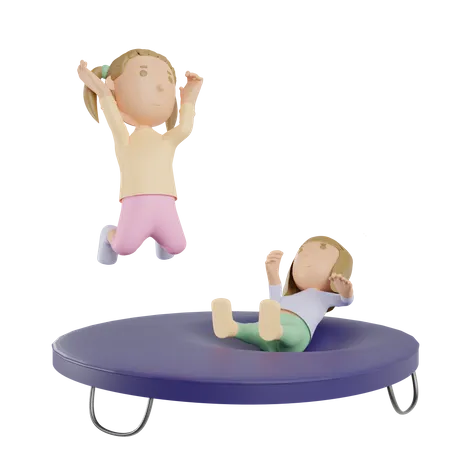 Siblings Playing On Trampoline  3D Illustration