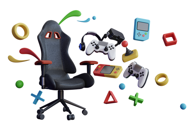 Consola de silla de juego colgada con equipo de juego  3D Illustration