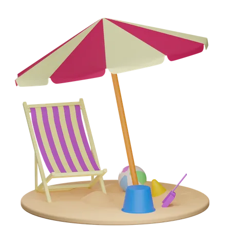 Silla de playa y sombrilla  3D Illustration