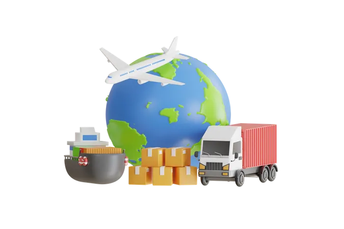 Sistema logístico e serviços de transporte para todo o mundo  3D Illustration