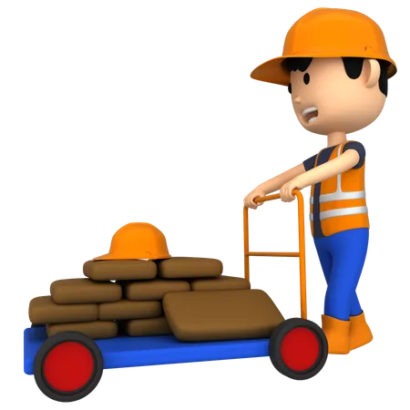 Site Worker carrying bricks in cart  3D Illustration