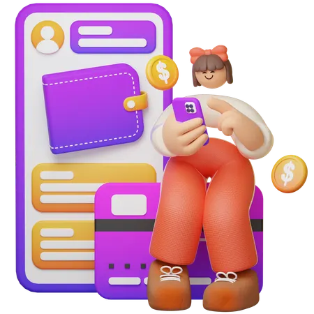 Sitting On Card With Digital Wallet  3D Illustration