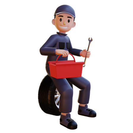 Sitting On Tire With Toolkit Side Angle  3D Illustration