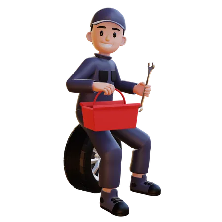 Sitting On Tire With Toolkit Side Angle  3D Illustration