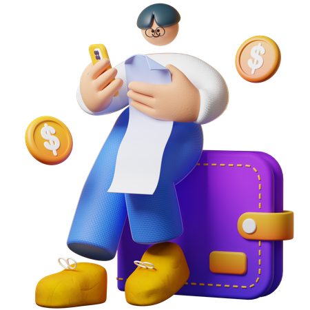 Sitting On Wallet While Holding Print Digital Bill  3D Illustration
