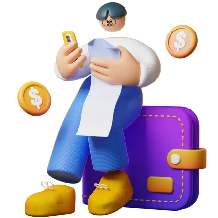 Sitting On Wallet While Holding Print Digital Bill  3D Illustration