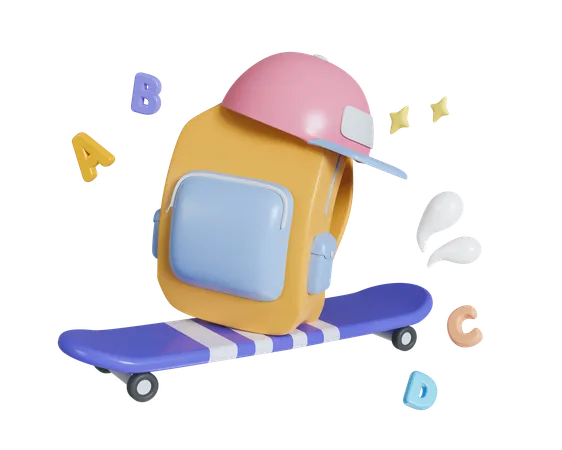 3 D Skateboard With Back To School School Bag Cap And Skateboard Isolated On Background Icon With Clipping Path Education Concept 3 D Rendering Illustration 3D Icon