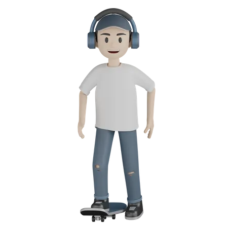 Skateboarder L Listening Music While Skateboarding  3D Illustration