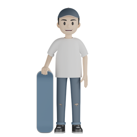 Skater Boy Holding Skateboard  3D Illustration