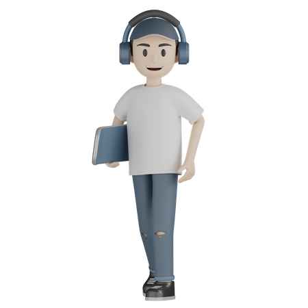 Skater Boy Listening Music While Holding Skateboard  3D Illustration