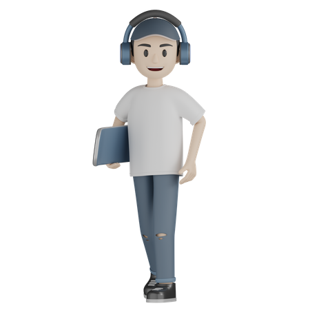 Skater Boy hört Musik, während er Skateboard hält  3D Illustration