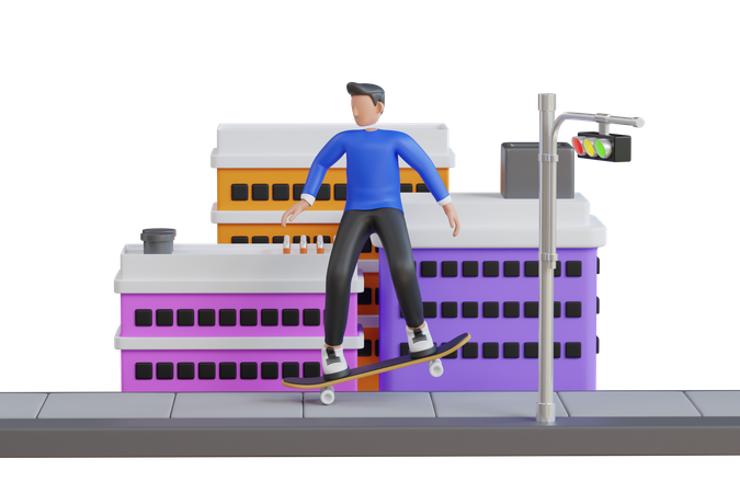 Skater Riding On Skateboard In Urban Area  3D Illustration