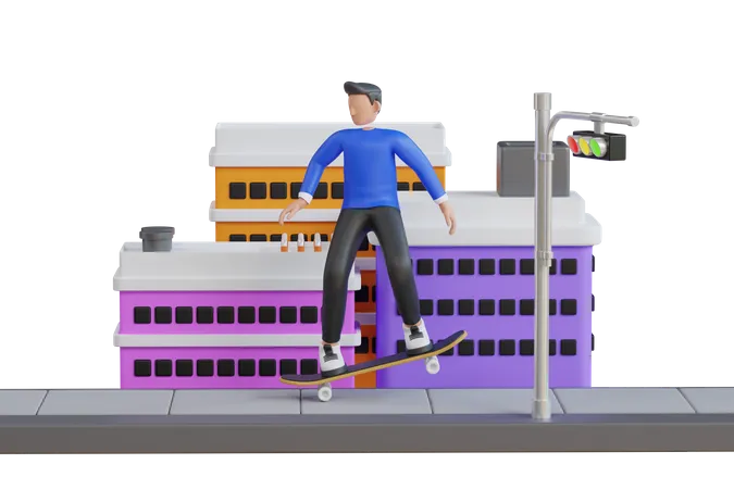 Skater Riding On Skateboard In Urban Area  3D Illustration