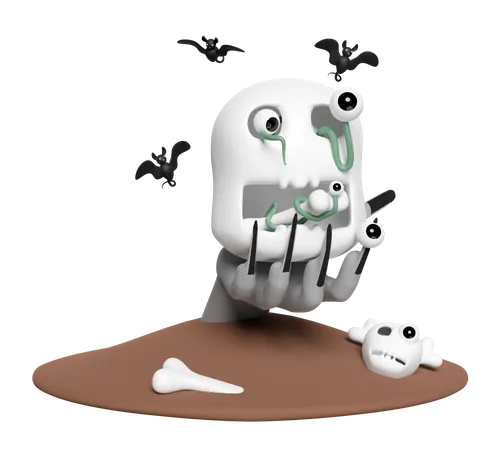 3 D Halloween Holiday Party With Eye Worm Skeleton In Mouth Skull Zombie Hand Bats Isolated 3D Icon