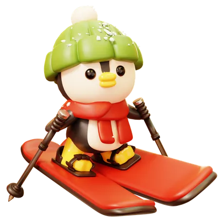 3 D Cute Cartoon Penguin Wearing Knit Hat And Scarf Ski Winter Season Sport And Leisure Concept 3D Icon