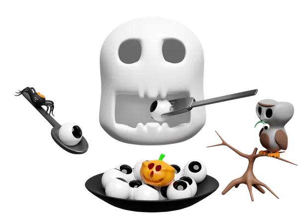 3 D Halloween Day Concept With Skull Eats Eyeball Pumpkin Head In Plate Cute Ghost Owl Perched On Branch Isolated Holiday Party 3D Icon