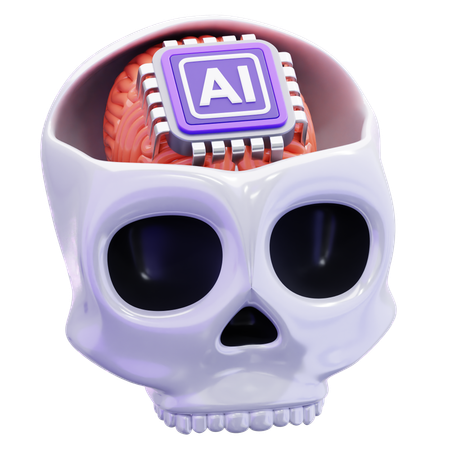 Skull With Artificial Intelligence Chip On Brain  3D Icon