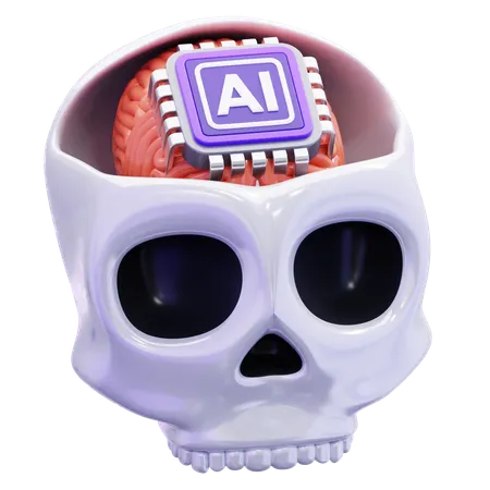 Skull With Artificial Intelligence Chip On Brain  3D Icon