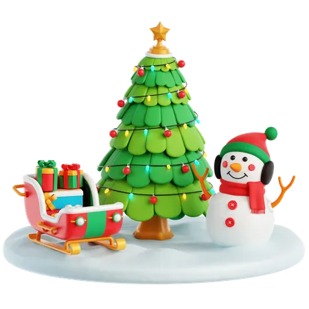 Sledge, Snowman and Christmas Tree  3D Icon