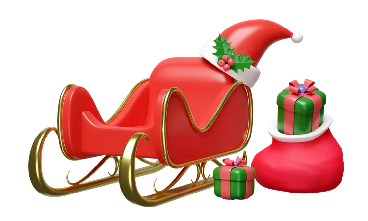 3 D Sleigh With Bag Gift Box Hat Holly Berry Leaves Isolated Merry Christmas And Happy New Year 3 D Render Illustration 3D Illustration