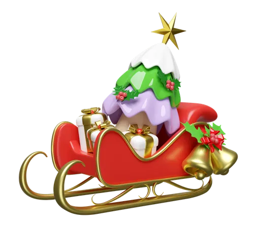 3 D Sleigh With Pine Tree Gift Box Jingle Bell Holly Berry Leaves Merry Christmas And Happy New Year 3 D Render Illustration 3D Illustration