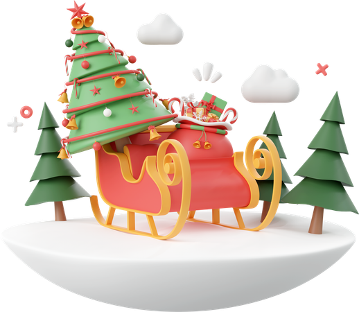 Sleigh With Christmas Tree  3D Icon