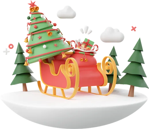 Sleigh With Christmas Tree Christmas Theme Elements 3 D Illustration 3D Icon