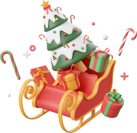 Sleigh With Christmas Tree And Decorations  3D Icon