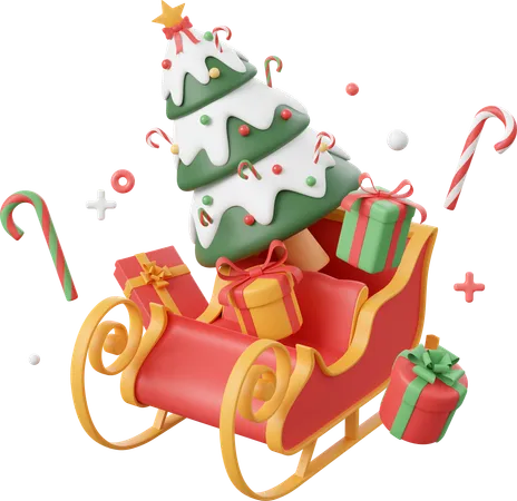 Sleigh With Christmas Tree And Decorations Christmas Theme Elements 3 D Illustration 3D Icon