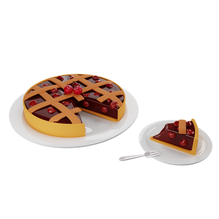 Sliced slice of cherry pie with a lattice crust served on a saucer 3D Illustration