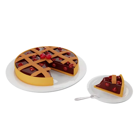 Sliced slice of cherry pie with a lattice crust served on a saucer 3D Illustration